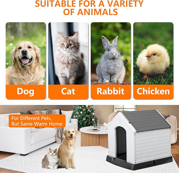 ZENY Plastic Dog House - Waterproof Dog Kennel with Air Vents and Elevated Floor All Weather Indoor Outdoor Insulated Doghouse Puppy Shelter, Easy to Assemble (Grey, 28inch)