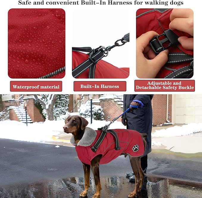 Doglay Dog Jacket Waterproof Dog Coat with Harness Built in, Christmas Puppy Winter Coat Reflective Turtleneck Puffer Snow Jackets for Small Medium Large Dogs