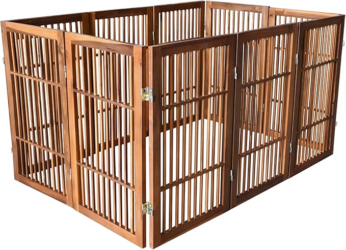 Urnporium Pet Dog Gate Freestanding, Strong Durable Folding Wooden Fence, Portable Acacia Hardwood Safety Barrier for Indoor & Outdoor Use (Brown Pet Gate, 10 Panel 30" Tall)