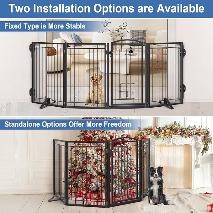 Full Metal Freestanding Dog Gate with Cat Door for Outdoor&Indoor,32" Tall Foldable Dog Fence,80" Extra Wide Freestanding Pet Gate for Large Openings,Stairs,Deck,Yard,Doorways(4 Panels,Black)