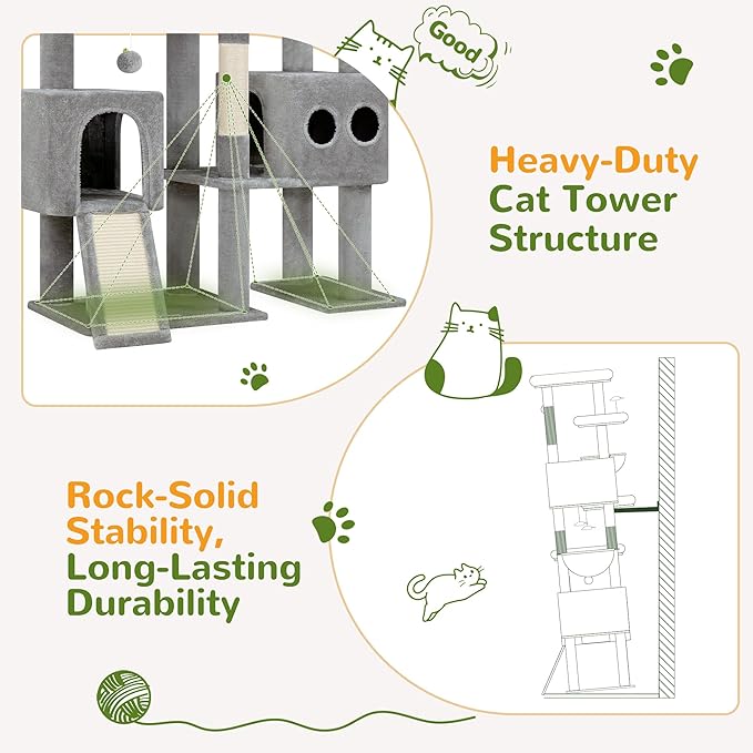 Globlazer 82" Extra Large Cat Tree for Big Cats, Heavy Duty Cat Tree for Multi-Cat Household, Maine Coon Cat Tree with 3 Condos, 2 Hammocks, 3 Perches & Scratching Board, S82D, Light Grey
