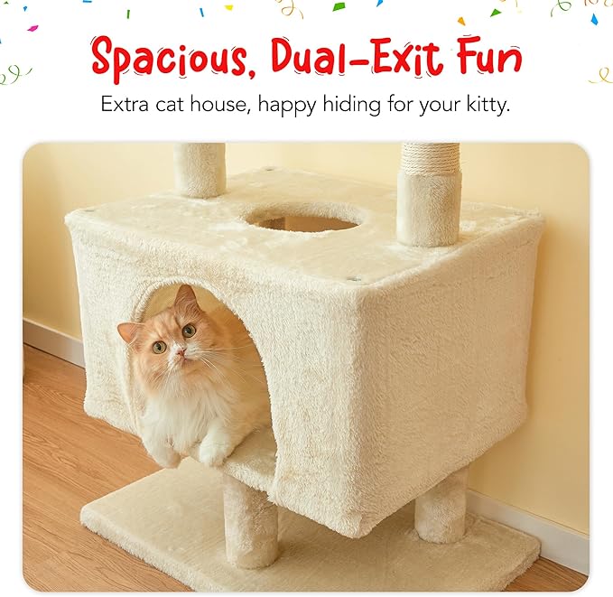 Cat Tree, Floor to Ceiling Cat Tower Adjustable Height [92.9-102.4 in=235-258cm], 7 Tiers Cat Climbing Play House with Scratching Post, Cozy Condo & Hammocks for Indoor Cats, Beige