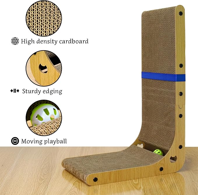 27" L Shaped Cat Scratchers for Indoor Cats, Corrugated Cardboard Cat Scratcher Pad, Vertical Scratching Board Indoor Use Protecting Furniture Scratch Pad, Cardboard Scratching with Ball Toy