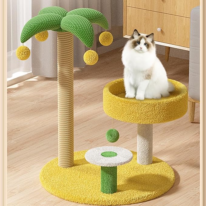 Coconut Palm Cat Tree 27" Cute Cat Tower for Indoor Cats Sisal Covered Scratching Post Dangling Ball Small-Medium Cats