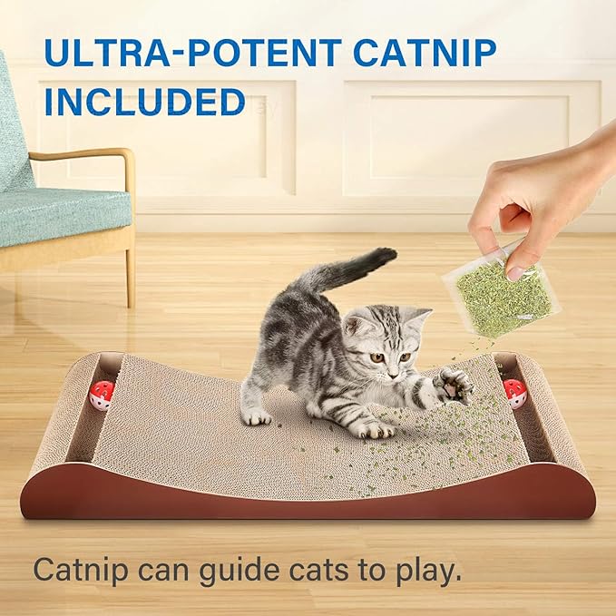 Simple Delxue Cat Scratcher Cardboard Lounge Bed with Bell Ball Toy, 30 Inches Large Horizontal Cat Scratcher Pad, 100% Recyclable & Reversible Durable Cardboard Scratching Board for Indoor Cats