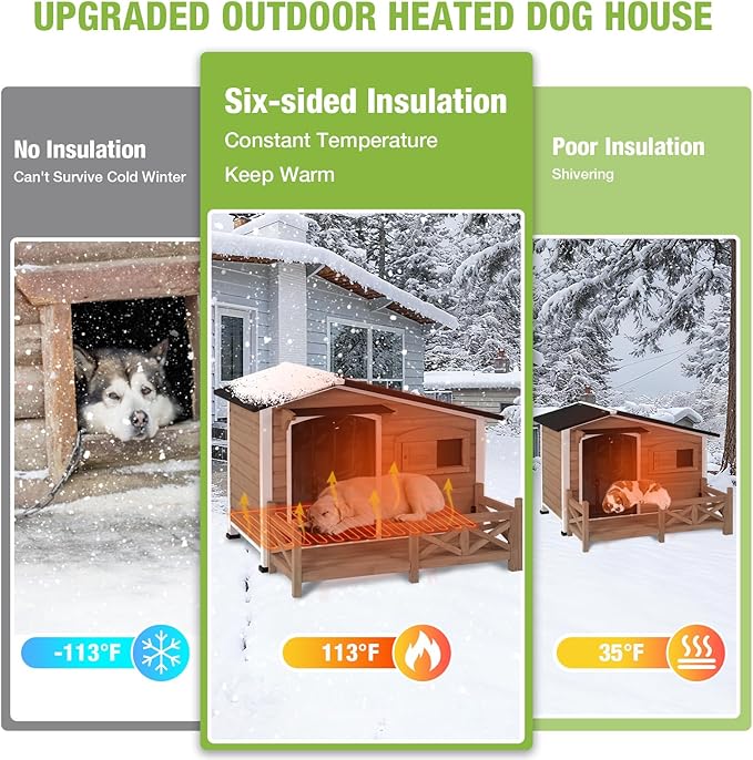Heated Dog House Outdoor Insulated Weatherproof Dog Kennel with Anti-bite Iron Frame, Heating Pad and Insulated Liner, Dog Shelter with Porch and Sliding Window for Small to Large Breeds (Light Brown)