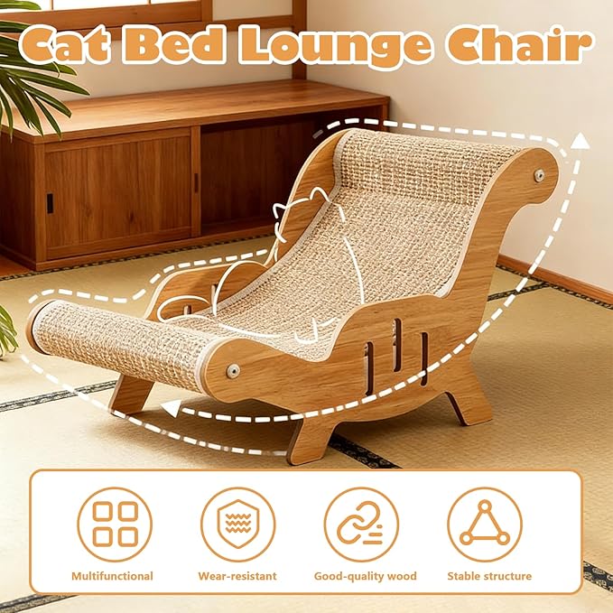 Cat Recliner Scraper Board, Cat Scratching Chair, Wooden Sisal Adjustable Cozy Non-Shedding Material for Cats