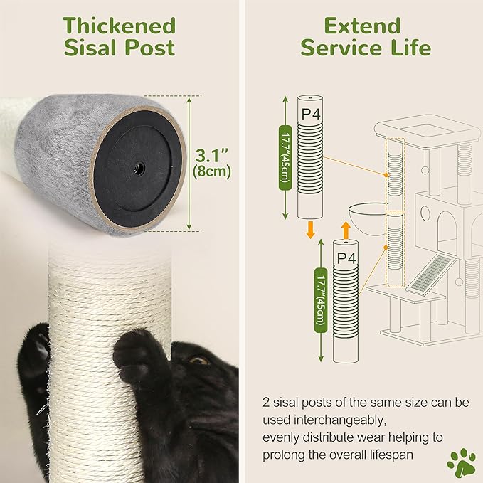 Globlazer Extra Thick Scratching Posts Tower Sturdy 50-inch Corner Cat Tree Tower for Indoor Cats, Cat Tower for Adult Cats with Scratching Board, Kitty Condo, Basket, S50, Light Gray