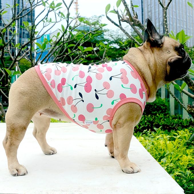 iChoue 100% Breathable Cotton English Bulldog Halloween Cartoon T Shirts Cute Clothes for Medium Large Dogs Vest Tank Tops Terrier Pitbull Cherry - XXLarge
