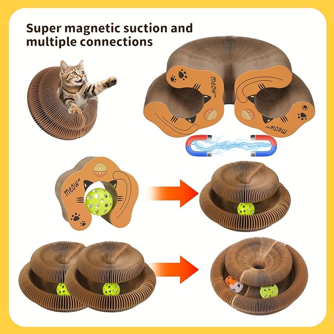 Magic Organ Cat Scratcher Cardboard Toy with Bell Ball,Interactive Honeycomb Kitten Curlz Reversible Scratching Board for Indoor Cats:Exercise,Anxiety Relief&Furniture Protector,Shape-Changeable