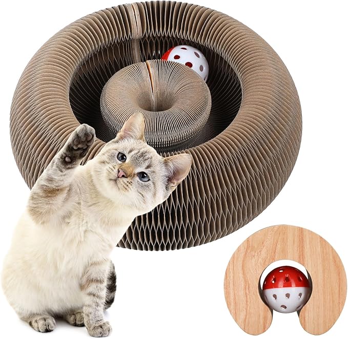 FluffyDream Magic Organ Cat Scratching Board, Interactive Scratch Pad with a Ball, Cat Scratcher for Grinding Claw, Recyclable and Durable, Furniture Protector, Retractable, Brown, Reversible