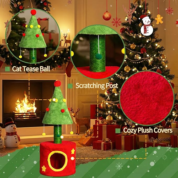 Christmas Themed 30in Cat Scratching Post with Cozy Hideaway Cat House - Small Cat Tree Tower for Indoor Kitten/Cat, Sisal Post, Interactive Hanging Balls, Festive Red & Green Home Decor