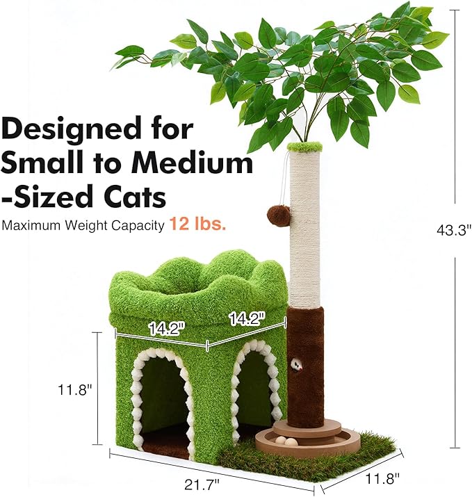 Small Cat Tree with Scratching Post and Ball Track, Green Cat Tower with Lifelike Leaves for Kittens and Small Cats, 2-Door Cat Condo and Interactive Cat Toys for Indoor Cats