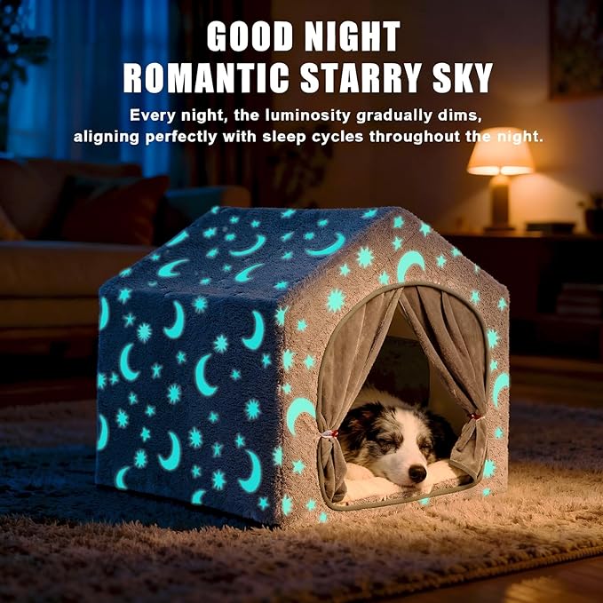 Indoor Dog House, Night-Luminous Star Dog Tent with Frame, Washable Dog Cave Bed, Suitable for 36-66 lb Medium and Large Dog