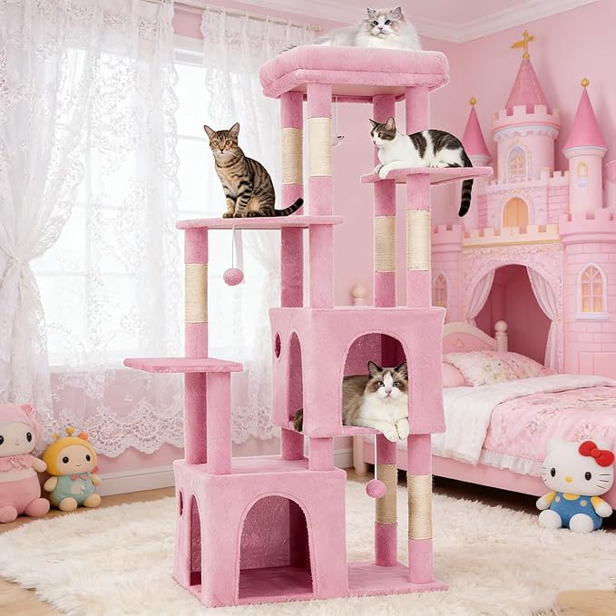 Cat Tree 61" Tall, Sisal Wrapped Scratching Post, Cat Nest, Hanging Ball, Extended Platform
