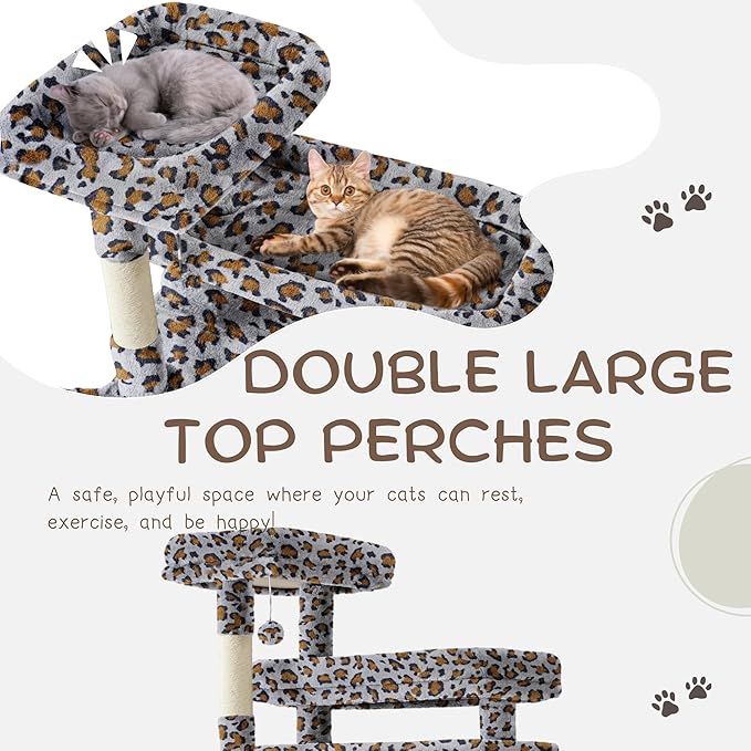 80 Inch Cat Tree, Large Cat Tower with 9 Scratching Posts, 2 Perches, 2 Caves, 2 Basket, 2 Stairs, Extra Large Hammock, Multi-Level Plush Cat Condo for Indoor Cats/Grey Leopard Print