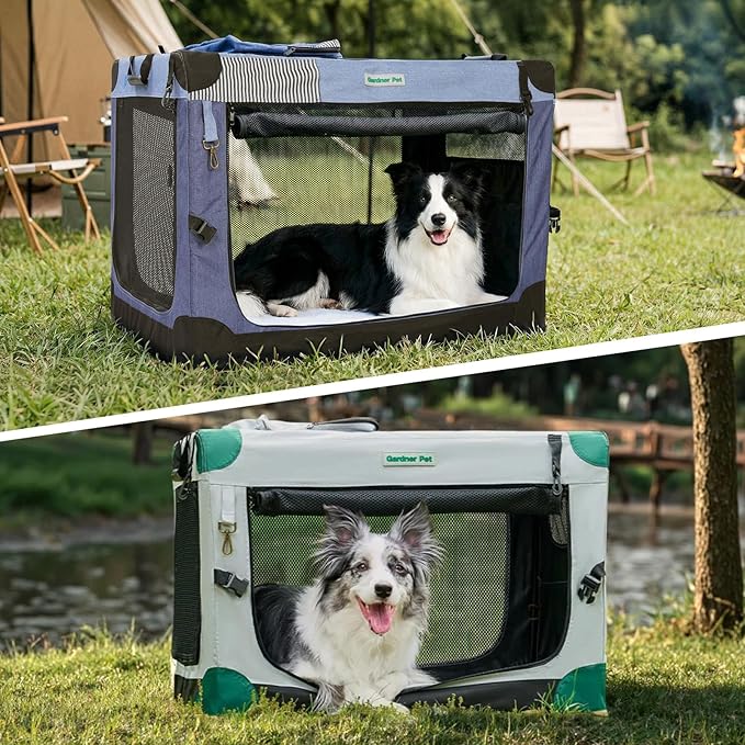 Gardner Pet Soft Collapsible Dog Crate - 30 Inch Portable Travel Dog Crate for Small/Medium Dogs Indoor & Outdoor, 3-Door Pet Crate with Durable Mesh Windows & Storage Bag, Blue