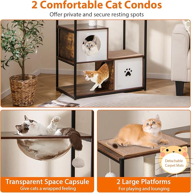 PETSITE 52 Inch Modern Cat Tree with 2 Cat Condos, Multi-Level Cat Tower with Sisal Scratching Posts, Dangling Balls, Removable Soft Cushion and Scratching Pads, Space Capsule, and Anti-Tipping Kits