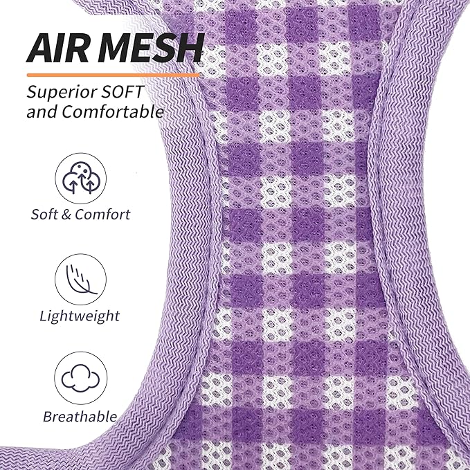 AIITLE Adjustable Dog Vest Harness Set – No-Pull Design, Plaid Print & Reflective Safety– Fits Poodles, Shih Tzus & Medium-Sized Dogs up to 38lbs (M, Purple)
