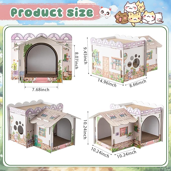 2 Story Cardboard Cat House with Scratcher Pad for Small Kitten,17x12x10 Multi Level Durable Cat Condo & Villa for Bunny Rabbit Small Animals Christmas Birthday Gift(17x12x10,Cottage)