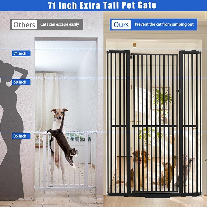 71 Inch Extra Tall Pet Gate for Cats, 29.5-48" Adjustable Wide Dog Gates, Pressure Mounted Walk Through Tall Cat Gate for Doorways,Hallway,Stairs,House（Black）