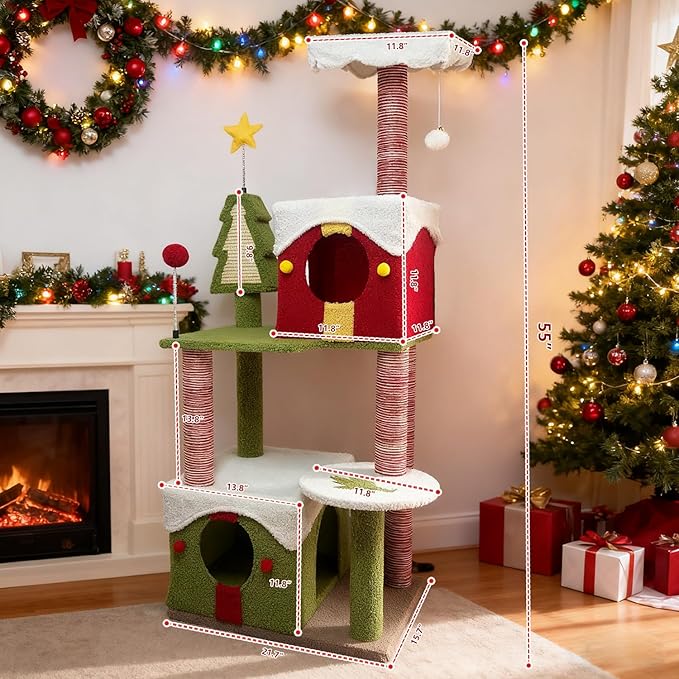 Cat Tree Tower with Cozy Condos, Multi-Level Green Cat Tower with Scratching Posts, Cat House Furniture with Snow Roof & Tree Design, Stable Cat Playground for Indoor Cats