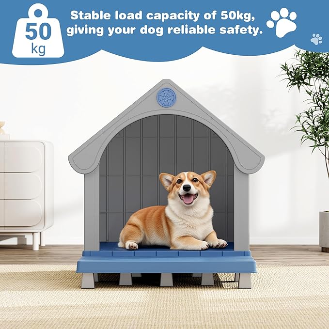 Fancyango Large Dog House with Porch Outdoor Indoor Sturdy Plastic Waterproof Doghouse with Air Vents and Elevated Floor Easy Clean and Assemble for Medium Large Dogs (Blue1, 33" L×31.5" W×38" H)