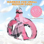 KOOLTAIL Dog Harness and Leash Set, Cute Pink Girl Dog Harness Medium Sized Dog, Step in No Pull Soft Mesh Pet Vest Harness Collar for Dogs Cats, Plaid Puppy Halters for Outdoor Walking, Pink M