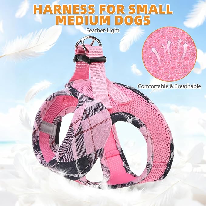 KOOLTAIL Dog Harness and Leash Set, Cute Pink Girl Dog Harness Medium Sized Dog, Step in No Pull Soft Mesh Pet Vest Harness Collar for Dogs Cats, Plaid Puppy Halters for Outdoor Walking, Pink M