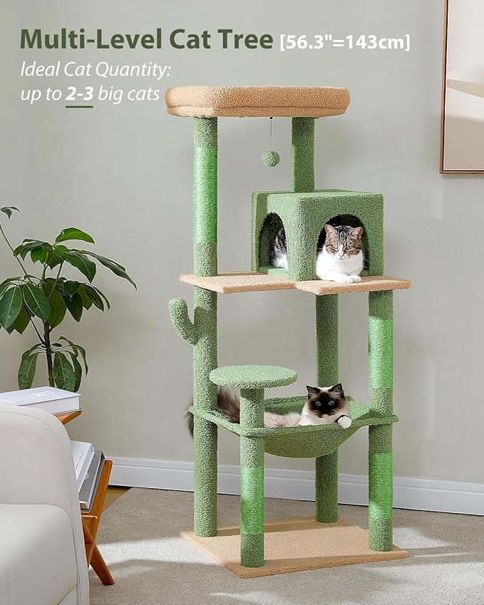 PEQULTI Cat Tree for Large Cats with Metal Frame Big Hammock, Cat Tower for Indoor Cats with 2 Door Condo House, [56.3"=143cm] Multi-Level Cat Shelves with Scratching Posts and Top Perch, Cactus Green