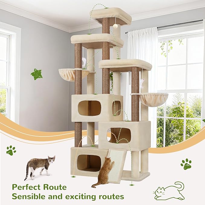 Globlazer 85 Inch Tall Cat Tree for Large Cats, Multi-Level Cat Tower for 4+ Cats with 3 Condos, 2 Hammocks & Sisal Posts, Heavy Duty Cat Tree Tower for Maine Coon, S85, Beige
