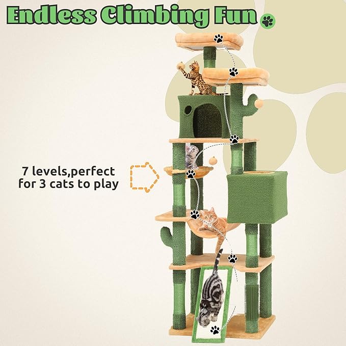 DWVO Cactus Cat Tree for Large Cats: 76" Tall with Self-Grooming Brush, Cute Kitten Climbing Tower for Indoor Kittens with Cat Condo, Top Perch, Basktet, Sisal Scratching Posts, Dangling Ball