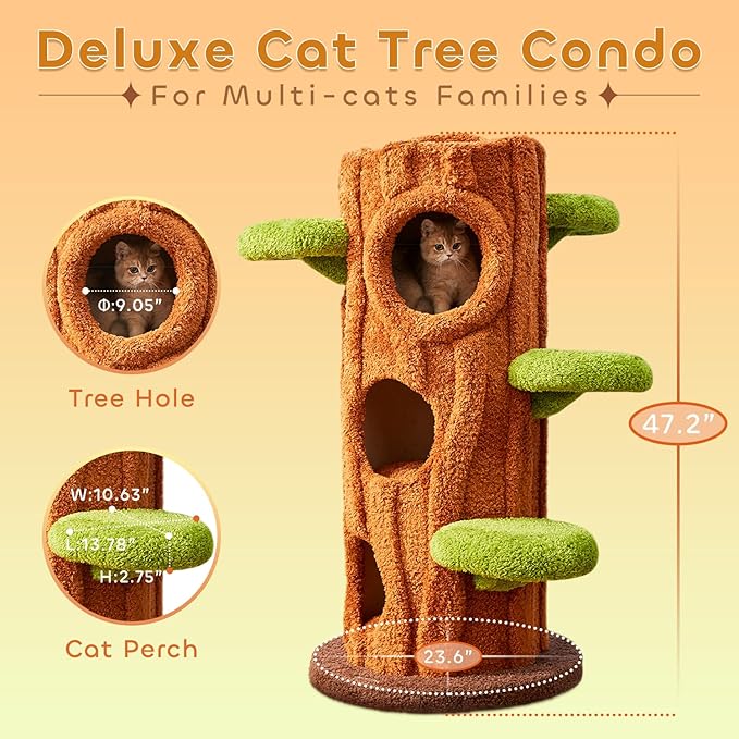 47.2'' Luxury Natural Cat Tree for Indoor Cats, Multi-Level Cat Tower with Scratching Post, Solid Wood Cat Condo for Multi-cat Families (Brown)