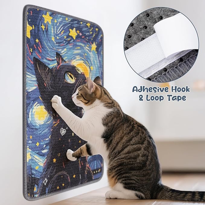 Sisal Cat Scratching Pad, Durable & Shedding-Resistant Wall Scratcher Mat for Indoor Cat, Kitten Art Print Scratching Mats for Carpet Couch Furniture with Adhesive Hook Loop Tape(24*16in)