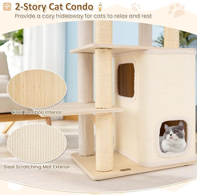 63" Tall Wooden Cat Tree, Indoor Kitten Tower with 2-Story Condo, Plush Padded Top Perch, Sisal Scratching Posts & Mat, Dangling Ball, Multi-Level Climbing Stand, Modern Indoor Pet Furniture