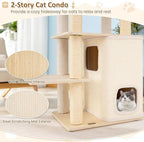 63" Tall Wooden Cat Tree, Indoor Kitten Tower with 2-Story Condo, Plush Padded Top Perch, Sisal Scratching Posts & Mat, Dangling Ball, Multi-Level Climbing Stand, Modern Indoor Pet Furniture