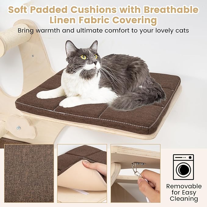 Tangkula Cat Wall Shelves, 4-Layer Wall-Mounted Cat Tree with Sisal Scratching Mat, Perch, Hammock, Padded Platforms, Hole and Ladders, Wooden Cat Climber with Washable Cushions