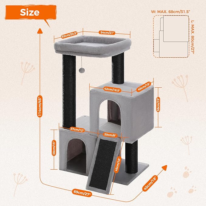 Cat Tree for Large Cats, 45" Heavy Duty Cat Tower with Dual Condos, 3 Thick Full Wrapped Sisal Scratching Posts(φ4.3), Spacious Padded Top Perch, Scratching Ramp and Toy Ball