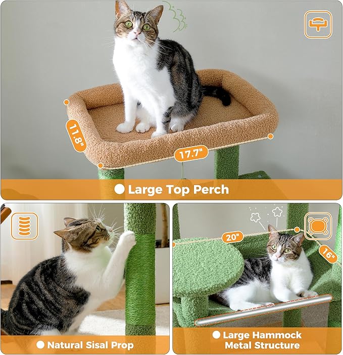 PETEPELA Floor to Ceiling Cat Tree [87"-100"] Height Adjustable, 5 Levels Cactus Cat Tower+56.3'' Tall Cat Tree for Indoor Cats, Cactus Cat Tower