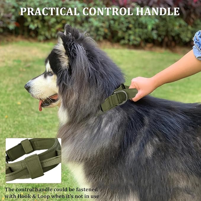 Tactical Dog Collar with Handle - Military Adjustable Dog Training Collar Soft Nylon and Heavy Duty Metal Buckle for Medium Large Dogs - with Patch (Green, Large)