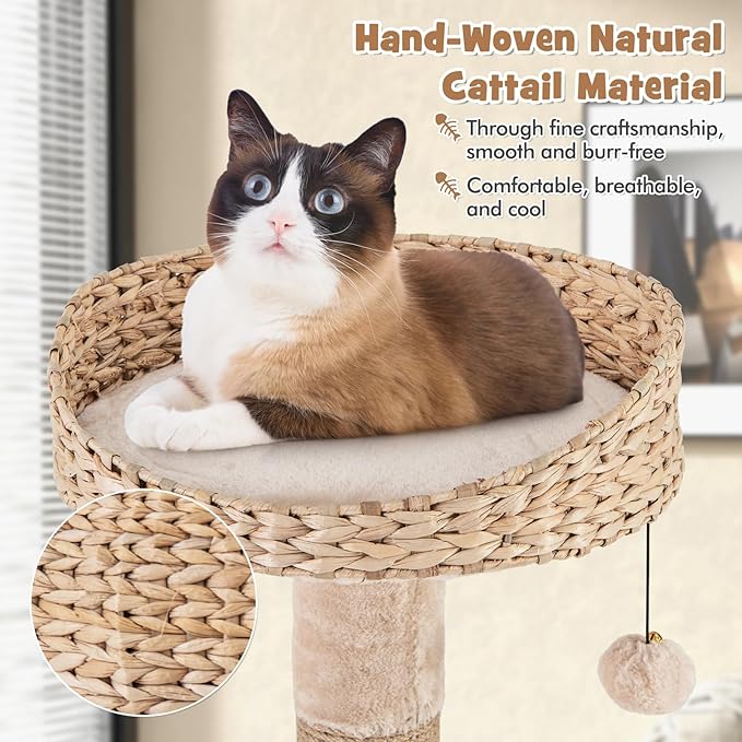 Tangkula Modern Cat Tree, 65 Inch Tall Cat Tower with Jute Scratching Posts, Dangling Balls, Cattail Basket Bed & Top Perch, Removable & Washable Cushions, Aesthetic Cat Tree for Indoor Cats