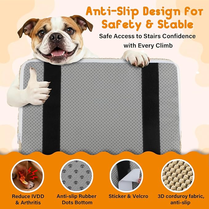 JoyBlooms Dog Ramp for Stairs for Small & Senior Dogs Cats, 40D Density Foam Gentle Slope Non-Slip Dog Stair Ramp with Glow Strip, Pet Ramp with Removable Washable Cover Brown-2pcs
