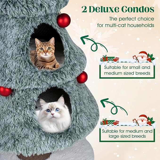 PETSITE 48.5 Inches Cat Christmas Tree, Cute Cat Tower with Scratching Post, 2 Comfy Condos and Decorative Festival Dangling Balls, Star-Shaped Ornament Sits at The Top, Soft Polar Fleece Covered