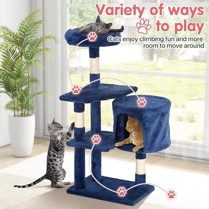 Cat Tree, 36 Inches Indoor Cat Tree Tower Condo, Natural Sisal Cat Scratching Post with Cozy Bed, Small Cats Tree for Kittens, Soft Perch & Cute Toys, Navy Blue