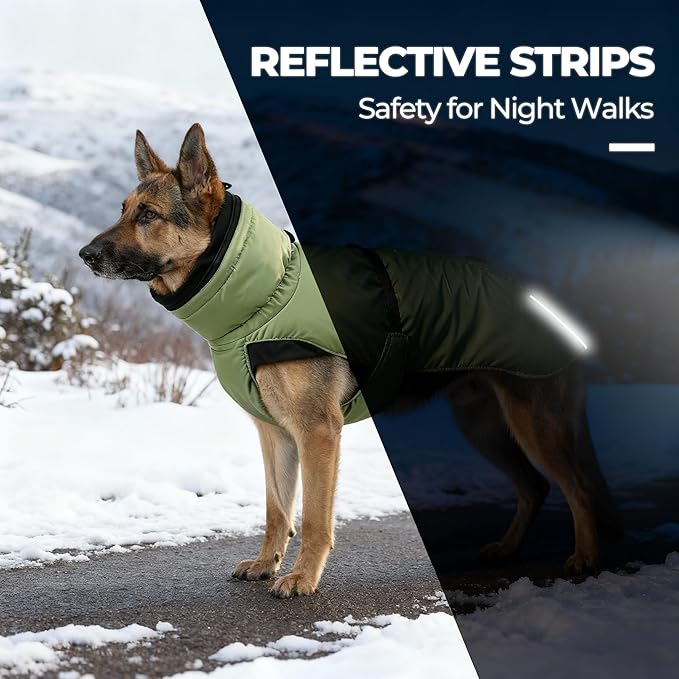 Dog Winter Coat, Warm Puffer Jacket with Fur-Safe Buckle & Leash Hole for Cold Weather, Water-Repellent Snow Vest, Breathable Thermal Apparel for Hiking & Active Dogs (Green, Large)