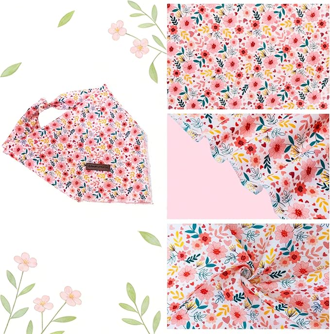 Elegant little tail Dog Bandana, Pink Flower 1PC Washable Dog Scarf Female or Male Square Bib Kerchief Scarf Adjustable Pet Bandana for Medium Large Dogs
