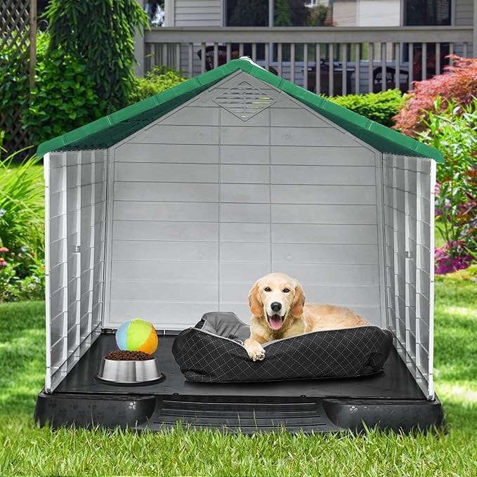 YITAHOME Plastic Dog House, Waterproof Indoor Outdoor Doghouse for Large or Small Dog, with Air Vents and Elevated Floor, Easy Assemble and Clean