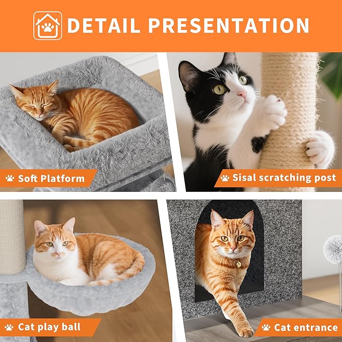 Cat Tree with Litter Box Enclosure Large,Tall Multilevel Cat Play House with Modern Cat Condo,Spacious Hammock, Cozy Top Perch,Sisal Posts and Dangling Balls,Wooden Cat Furniture for Indoor Cats Grey
