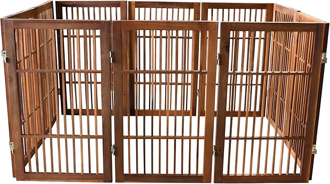 Urnporium Pet Dog Gate Freestanding, Strong Durable Folding Wooden Fence, Portable Acacia Hardwood Safety Barrier for Indoor & Outdoor Use (Brown Pet Gate, 10 Panel 30" Tall)