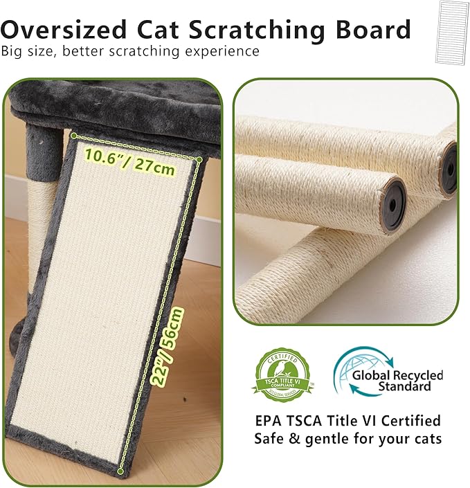 Heybly Cat Tree, 72.4-Inch Anti-Tip Cat Tower for Large Cats, All-in-One Cat Furniture with Spacious Perches, Multiple Interactive Areas, Extra-Large Sisal Scratching Board, Smoky Gray HCT060G